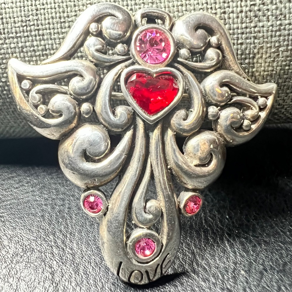 Vintage‎ Barse Sterling Silver 925 Angel Crystal Heart Brooch 1.75" Angelcore